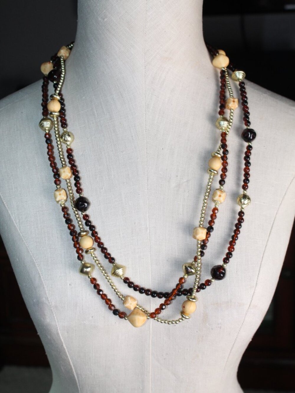 Triple Strand Brown, Cream & Gold-Tone 30" Necklace